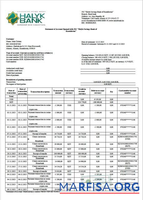 Printable Kazakhstan Halyk bank statement of account word example